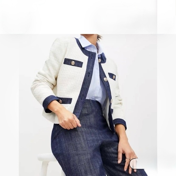 Loft Denim & Tweed Suit Set Lady Jacket M & Pants 8 EUC - Picture 2 of 8